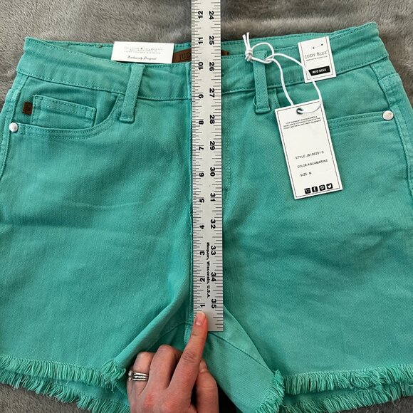 NWT Judy Blue Mid-Rise Cut-Off Shorts Aqua Blue Women's MEDIUM Stretch - Picture 6 of 7